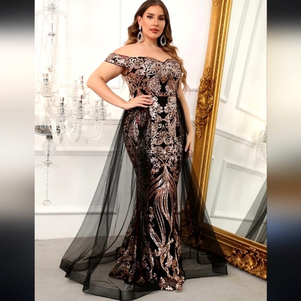 Faeristy Elegant Black/Gold Sequined Evening Dress  Tulle Overlay/Train